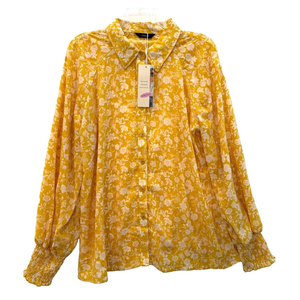 NWT Dokotoo XL Yellow White Long Sleeve Blouse Balloon Sleeve Smocked Cuffs - Picture 2 of 10